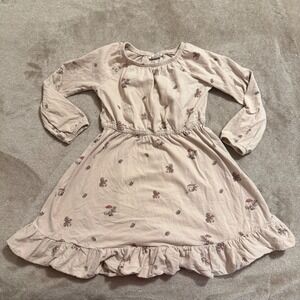 City Mouse Kids Beige Mushroom Print Rain Dress Long Sleeve Cotton Size 5Y